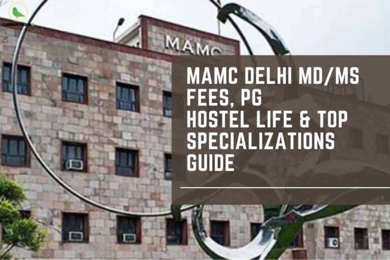 The image features the exterior of a stone-clad building with multiple square windows equipped with air conditioning units. At the top of the building, a sign reads "MAMC," indicating Maulana Azad Medical College in Delhi. In the foreground, a large metal abstract sculpture with curved elements is visible, partially overlaying the building. On the left side of the image, the "Career Plan B" logo—depicting a green bird inside a yellow circle—appears with the organization's name in black and green text. Most of the right half of the image is overlaid with a large brown rectangular panel featuring prominent white text that reads, "MAMC DELHI MD/MS FEES, PG HOSTEL LIFE & TOP SPECIALIZATIONS GUIDE." The overall composition suggests that the image is an informational/promotional visual for a guide about postgraduate medical studies, hostel life, and top specializations at Maulana Azad Medical College in Delhi.