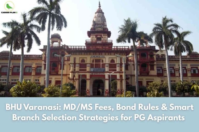 The image displays the front view of a grand, historic building at Banaras Hindu University (BHU), Varanasi, with classical Indian architectural elements such as arched windows, red detailing, and a central spire reminiscent of a temple tower. The building’s facade is labeled “Chemistry” and “Department of Chemistry,” indicating it is an academic block. Tall palm trees border the pathway leading up to the entrance, and lush greenery is visible in the foreground under a clear sky. In the top left corner, the "Career Plan B" logo featuring a green bird inside a yellow circle, along with black and green text, is present. Across the lower portion of the image, a large blue banner overlays the photo, with bold white text: “BHU Varanasi: MD/MS Fees, Bond Rules & Smart Branch Selection Strategies for PG Aspirants,” indicating that the image promotes an informational guide for postgraduate medical aspirants regarding fees, bond rules, and branch selection strategies at BHU.