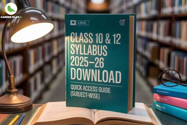 An image shows a thick teal textbook standing upright on an open book in the middle of a well-lit library aisle, surrounded by bookshelves filled with colorful books. The book cover boldly displays the text “CBSE Class 10 & 12 Syllabus 2025–26 Download, Quick Access Guide (Subject-Wise),” making the syllabus the focal point. To the left of the book is a classic desk lamp casting a warm light onto the workspace. On the right, a pair of eyeglasses rests beside a stack of neatly arranged books, creating an organized and academic atmosphere that naturally highlights the CBSE Class 10 & 12 Syllabus 2025–26 as a central study resource. The Career Plan B logo with a green bird in a yellow circle appears at the top left corner.