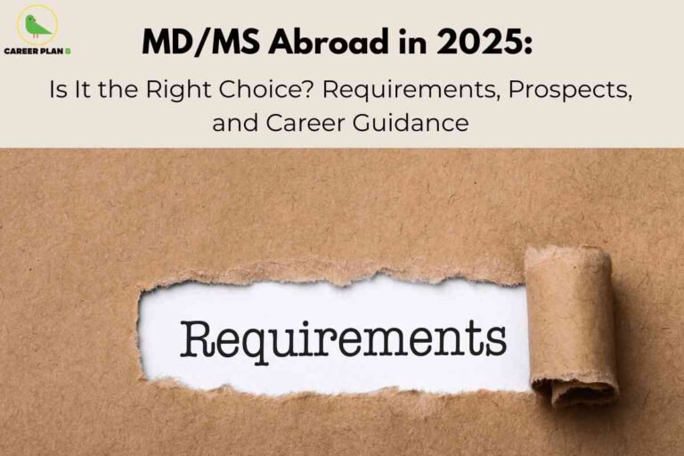 The image has a neutral beige and brown background with a torn paper effect revealing the word "Requirements" in bold black text at the center. At the top, large black and brown text reads: "MD/MS Abroad in 2025: Is It the Right Choice? Requirements, Prospects, and Career Guidance." The Career Plan B logo with a green bird inside a yellow circle appears at the top left. This visual highlights essential information regarding requirements, prospects, and guidance for pursuing MD or MS programs abroad in 2025.