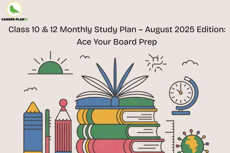 The image is a promotional visual for the “Class 10 & 12 Monthly Study Plan – August 2025 Edition: Ace Your Board Prep” by Career Plan B. It features a clean, soft beige background with colorful, flat-style illustrations that convey an academic and motivational theme. At the top left, the Career Plan B logo is displayed, consisting of a green bird icon with the text “CAREER PLAN B,” where the letter “B” is highlighted in green. The central focus is the bold black headline announcing the study plan for August 2025, aimed at helping Class 10 and 12 students excel in their board exam preparation. The lower half of the image is decorated with educational illustrations: two large pencils, a neatly stacked pile of colorful books with an open book on top, a globe depicted as a clock symbolizing time management, a ruler indicating measurement or progress, and a stylized Earth with network-like connections representing global learning and knowledge sharing. Additional small doodles of the sun, clouds, and birds add a light, encouraging feel, suggesting a positive and organized approach to studying. The overall design combines academic seriousness with a friendly, approachable tone to inspire students to follow a structured study plan.