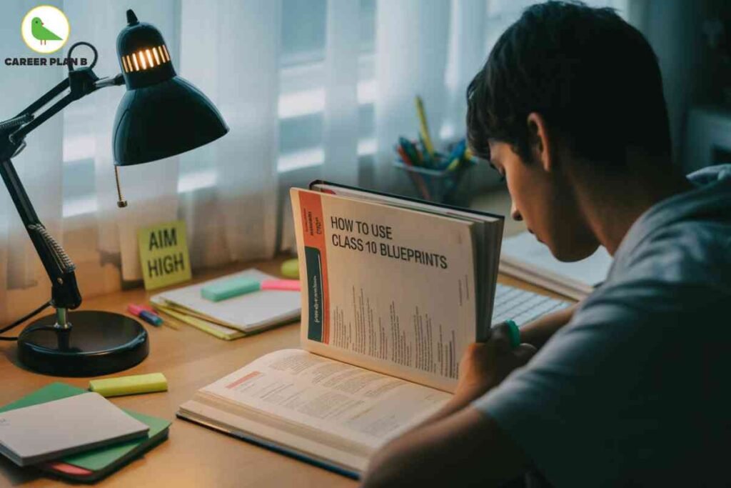 The image shows a **student studying at a desk**, deeply focused on a book titled **“HOW TO USE CLASS 10 BLUEPRINTS.”** The student is seated near a window with sheer curtains, and the desk is neatly arranged with open books, notebooks, sticky notes, and highlighters. A **black study lamp** is lit on the desk, casting warm light over the study materials. A motivational sticky note beside the lamp reads **“AIM HIGH.”** On the top left corner of the image, the **Career Plan B** logo with a green bird icon is visible. The overall scene conveys a theme of **dedication, preparation, and motivation for academic success**, especially targeting Class 10 students who are working with structured study materials to perform well in exams.