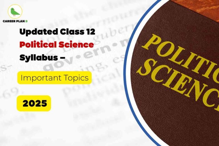 The image provides an academic update about the **Class 12 Political Science syllabus for 2025**, highlighting the **important topics** students need to focus on. The text on the left side announces the update with *Political Science* highlighted in red for emphasis, while the phrases *Important Topics* and *2025* are displayed in bold yellow boxes to grab attention. At the top-left corner, the **Career Plan B** logo with its green bird icon is shown, indicating the source of the update. On the right side, a close-up of a brown textured book cover with the words **“POLITICAL SCIENCE”** written in bold yellow letters adds an academic touch. The clean and structured design makes the update visually appealing and informative, guiding students to prepare according to the **revised syllabus and key focus areas** for their board exams.
