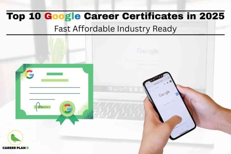 An image features the theme of online certification with a strong focus on Google career certificates 2025. In the foreground, there is an illustrated green-bordered certificate with Google’s logo and ribbon, representing achievement. To the right, a person’s hands are shown holding a smartphone with the Google homepage open, while behind, a laptop screen also displays the Google search engine. At the top left, the Career Plan B logo with a green bird inside a yellow circle appears. Bold text at the top reads “Top 10 Google Career Certificates in 2025,” followed by the line “Fast Affordable Industry Ready,” clearly highlighting the benefits and accessibility of Google career certificates in 2025 for career advancement.