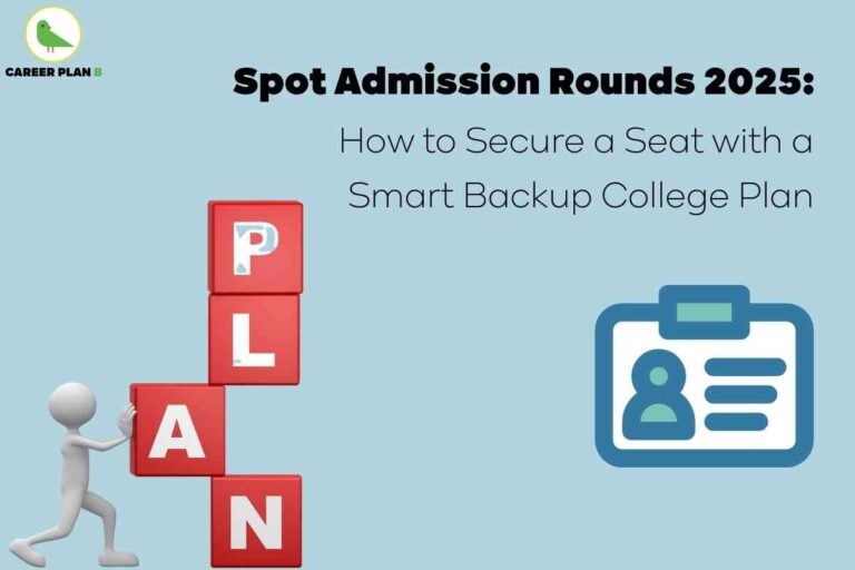 An image features a light blue background with bold black text at the top reading “Spot Admission Rounds 2025: How to Secure a Seat with a Smart Backup College Plan.” On the left side, a 3D-style stick figure is seen pushing and aligning four red blocks stacked vertically, each with a white letter spelling out “PLAN.” On the right side, there is a blue and green icon representing an identification badge, symbolizing student admission. The Career Plan B logo with a green bird inside a yellow circle appears at the top left. This image visually emphasizes the importance of having a well-thought-out spot admission backup plan for college admissions.