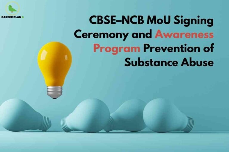 The image highlights the **CBSE–NCB MoU Signing Ceremony and Awareness Program on the Prevention of Substance Abuse**. The design uses a symbolic visual of light bulbs, with one yellow bulb standing upright among several blue bulbs lying down, representing awareness, enlightenment, and the power of knowledge to overcome challenges. The text emphasizes the collaboration between CBSE and NCB to spread awareness and implement preventive measures against substance abuse. The message portrays the importance of guiding students and society towards a healthier and more informed future.