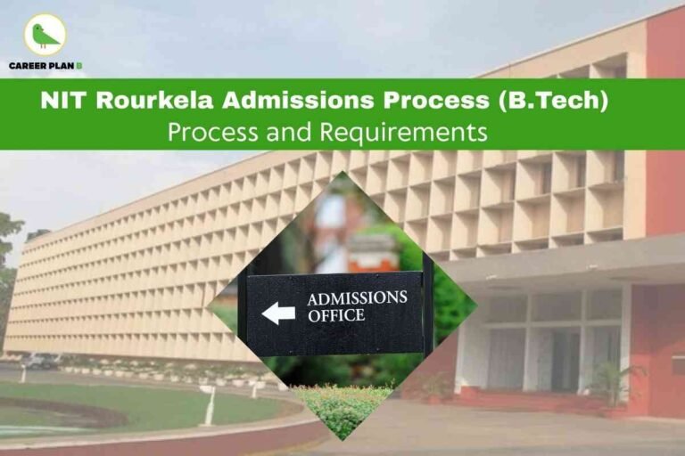 An image features the distinctive façade of the NIT Rourkela campus with its geometric patterns and modern architecture as the background. In the center, a diamond-shaped frame highlights a black sign with white lettering and an arrow pointing left, labeled “ADMISSIONS OFFICE.” At the top left, the Career Plan B logo with a green bird inside a yellow circle is visible. The top of the image displays a bold green banner with white text reading, “NIT Rourkela Admissions Process (B.Tech),” and just below, in a lighter font, “Process and Requirements.” This image naturally emphasizes the NIT Rourkela B.Tech Admissions 2026 process, featuring essential guidance about steps, eligibility, and the admissions office for prospective students.
