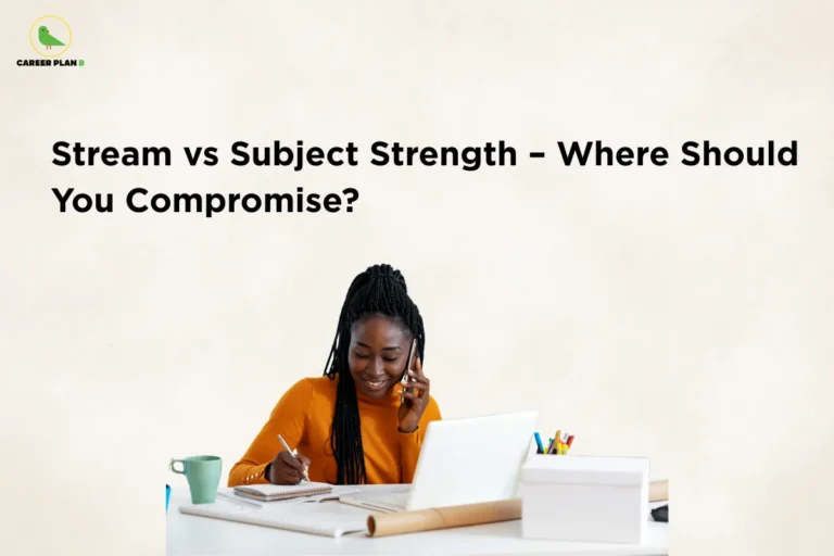 Student studying at a desk with a laptop and notebook while talking on the phone under the title “Stream vs Subject Strength – Where Should You Compromise?”, illustrating decision-making challenges in choosing between stream vs subject strength for academic and career planning.
