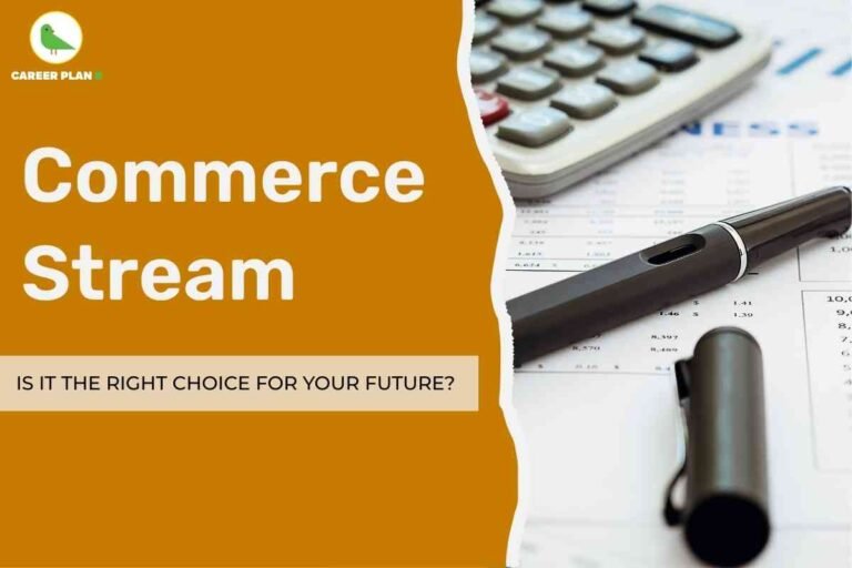 The image delivers an informative and inviting look at the commerce stream as an educational path. On the left, bold white text on an ochre background reads “Commerce Stream,” immediately drawing attention to the subject. Just below, in a beige box, it asks, “Is it the right choice for your future?” suggesting thoughtful consideration for students deciding their academic direction. The right side of the image features a close-up of a financial workspace, with a black fountain pen (cap off) resting on documents and a calculator nearby, representing the analytical and practical nature of commerce studies—such as accounting, economics, and finance. This visual combination effectively highlights the commerce stream as a strong option for students interested in business, finance, and analytical skills, encouraging them to consider whether it aligns with their goals and future ambitions. The design suggests that commerce can be an excellent choice for those aiming for stable, versatile, and potentially lucrative career opportunities in various business-related fields.