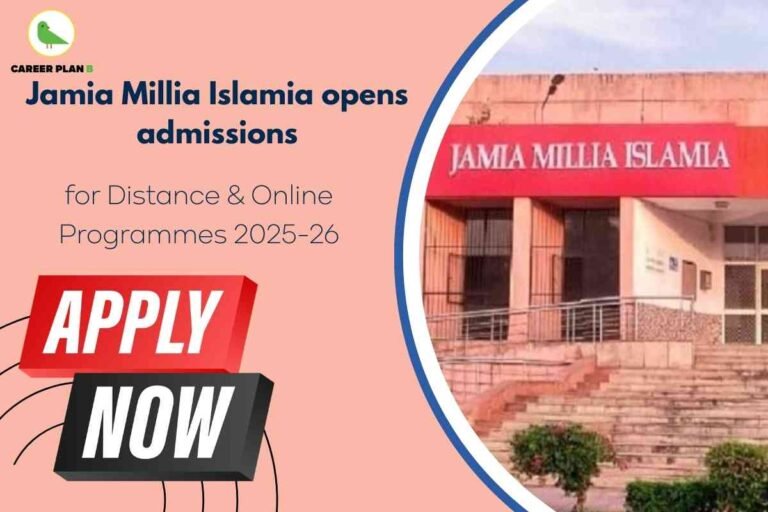 This image is an admission announcement for **Jamia Millia Islamia**. On the right side, it features a partial view of the university building with a bright red signboard displaying the name “JAMIA MILLIA ISLAMIA” in bold white letters. The building has a wide staircase leading to the entrance, with some small bushes and plants in front. On the left side, against a peach-colored background, the text reads “Jamia Millia Islamia opens admissions” in bold dark blue, followed by the line “for Distance & Online Programmes 2025-26” in a smaller, lighter font. Below this, there is a large call-to-action graphic saying “APPLY NOW” in bold white capital letters—“APPLY” is placed on a red 3D block and “NOW” on a black 3D block, creating a striking visual emphasis. In the top-left corner, the green bird logo of **Career Plan B** is placed, representing the source or publisher of the information. The overall design combines institutional credibility with a modern, attention-grabbing style, clearly aimed at encouraging prospective students to apply.