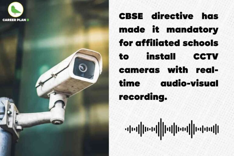 This image conveys a security-related directive from the **Central Board of Secondary Education (CBSE)**. On the left side, there is a close-up photograph of a mounted CCTV camera, slightly weathered, positioned at an angle and pointing outward, with a blurred background suggesting an outdoor or institutional setting. On the right side, against a light textured background, bold black text reads: *“CBSE directive has made it mandatory for affiliated schools to install CCTV cameras with real-time audio-visual recording.”* Below the text, there is a black soundwave graphic, symbolizing the inclusion of audio in surveillance. In the top-left corner of the image, the green bird logo of **Career Plan B** is visible, indicating the source of the update. The overall layout effectively combines imagery and text to highlight the new school security requirement.