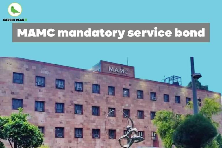 This image shows the front view of the **Maulana Azad Medical College (MAMC)** building. The structure is made of reddish-brown stone blocks with multiple rectangular windows, most of which have air-conditioning units installed. On top of the building, there is a sign with the white letters **"MAMC"** against a brick background. In front of the building, there’s a metallic sculpture of a figure holding a large ring-like structure. The sky is a solid light blue, giving the image a bright and clear appearance. At the top left corner, the green bird logo of **"CAREER PLAN B"** is visible. Across the top part of the image, in bold white text on a grey banner, are the words **"MAMC mandatory service bond"**, indicating the subject matter of the image. The scene conveys an institutional and academic setting.