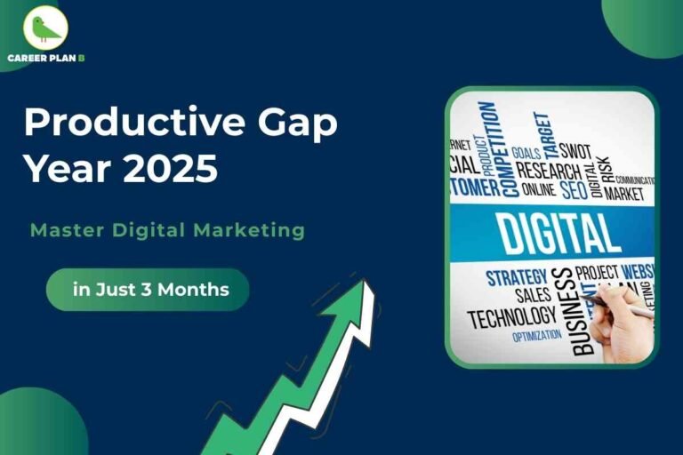 The image has a deep blue background with the headline “Productive Gap Year 2025” in bold white text. Just below, it encourages viewers to “Master Digital Marketing” in green, with a green capsule-shaped label stating “in Just 3 Months.” To the right, a word cloud highlights digital marketing terms such as “DIGITAL,” “SEO,” “RESEARCH,” “STRATEGY,” and “BUSINESS,” along with a hand writing on a digital board, symbolizing learning and skill development. In the lower left, a green upward-pointing arrow represents growth and progress. The Career Plan B logo with a green bird inside a yellow circle appears at the top left. This visual promotes using a gap year productively by mastering digital marketing skills within a short, structured period.