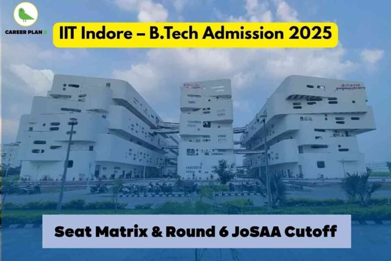 The image features the futuristic white campus buildings of IIT Indore under a partly cloudy sky. At the top, a bright yellow banner with bold black text reads, “IIT Indore – B.Tech Admission 2025.” At the bottom, a blue box with black text highlights, “Seat Matrix & Round 6 JoSAA Cutoff.” The Career Plan B logo with a green bird in a yellow circle is positioned at the top left. The visual conveys information about IIT Indore’s B.Tech admissions, focusing on seat availability and the final JoSAA cutoff details for 2025.