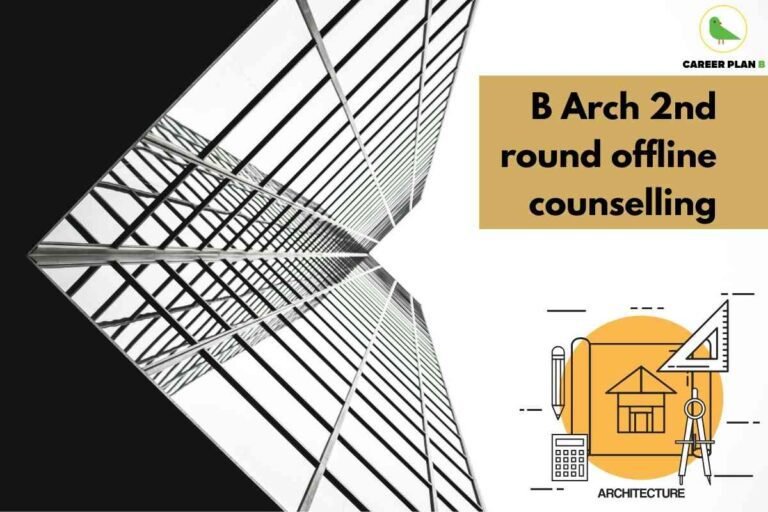 Informative banner announcing “B Arch 2nd round offline counselling” for IP University (Guru Gobind Singh Indraprastha University) for the 2025–26 academic session, created by Career Plan B. The left side features a dramatically angled black-and-white architectural photograph of intersecting glass-and-steel grids—symbolizing creativity and the field of architecture. The top right section displays the Career Plan B logo—a green bird inside a minimalist yellow circle, with the brand name beneath in black and green. Just below, on a gold color-block, bold black text reads: “B Arch 2nd round offline counselling.” The lower right corner shows a clean illustration: a house floor plan, geometric drawing tools (compass, set square, pencil, calculator), and a yellow circle labeled “ARCHITECTURE”—visually reinforcing the program’s design focus. The overall composition clearly communicates the schedule update for B.Arch offline counseling, using modern architectural motifs and concise visual cues, without depicting any personal faces or features.