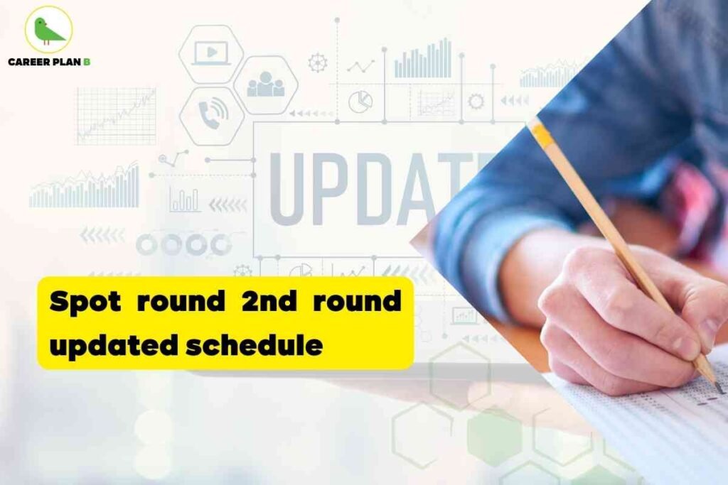 Informative educational visual announcing the updated schedule for Spot Round 2 counselling at Guru Gobind Singh Indraprastha University (IPU) for the 2025–26 academic session. The top left contains the Career Plan B logo—a small green bird icon, paired with the brand name in bold black and green letters. Centered in the background, various abstract icons represent data charts, analytics, and digital updates. Overlaid in bold, black font on a bright yellow box, the main headline states: “Spot round 2nd round updated schedule,” highlighting the revised timetable and key admission updates. On the right, a close-up photo captures a person filling out an optical mark answer sheet with a yellow pencil, symbolizing exam processes and documentation. The overall composition clearly emphasizes important university admission announcements, spot round timelines, and the verification of academic credentials, without referencing any personal faces or identifying features.