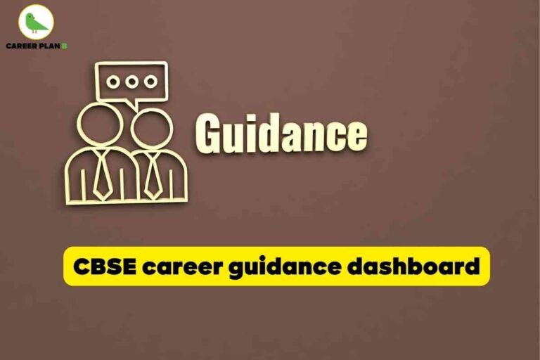 Promotional educational visual for the CBSE Career Guidance Dashboard 2025. The top left features the Career Plan B logo—a green bird inside a yellow circle with the brand name below. Left-center, a stylized icon shows two faceless human figures in formal attire, one speaking with a speech bubble containing three dots, symbolizing professional career counseling and guidance. To the right of the figures, bold sand-colored headline text reads: “Guidance.” At the bottom, a prominent yellow box with bold black text states: “CBSE career guidance dashboard,” clearly indicating the theme and resource. The background is a smooth, coffee-brown color, maintaining a professional, reassuring atmosphere. The overall composition signifies official career support initiatives for students in 2025, emphasizing structured guidance, informed decision-making, and mental health resources—without referencing any facial features or personal characteristics.