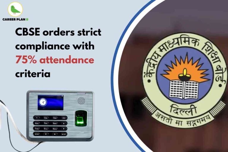 Informative educational visual announcing the CBSE mandate for strict compliance with the 75% attendance rule. The top left features the Career Plan B logo—a green bird and the brand name. Bold headline text in black and red reads: “CBSE orders strict compliance with 75% attendance criteria,” highlighting the main topic of student attendance requirements. On the lower left, an electronic biometric attendance machine with a glowing green fingerprint scanner represents modern attendance tracking in schools. The right half displays the official CBSE (Central Board of Secondary Education) logo with Hindi text, symbolizing authoritative educational governance. The design uses a clean light blue and beige color scheme, emphasizing official notification, discipline, and academic standards, with no reference to any faces or personal features.