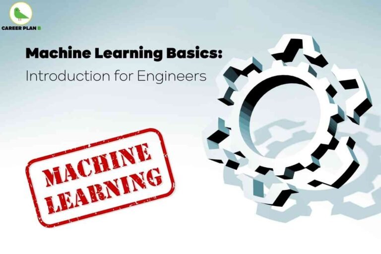 The image is a professional educational graphic introducing **“Machine Learning Basics: Introduction for Engineers.”** The title text is placed on the left side, with *Machine Learning Basics* in bold black and the subtitle *Introduction for Engineers* in a lighter font, making it clear and structured. At the top-left corner, the **Career Plan B logo** with the green bird icon is present, representing the source. On the right side of the image, there is a large **gear illustration**, symbolizing technology, engineering, and automation. At the bottom left, a bold red stamp-style text reads **“MACHINE LEARNING,”** giving the design a striking and modern touch. The overall layout blends technology and education, aiming to provide a simple yet impactful **introductory guide to machine learning concepts for engineering students.