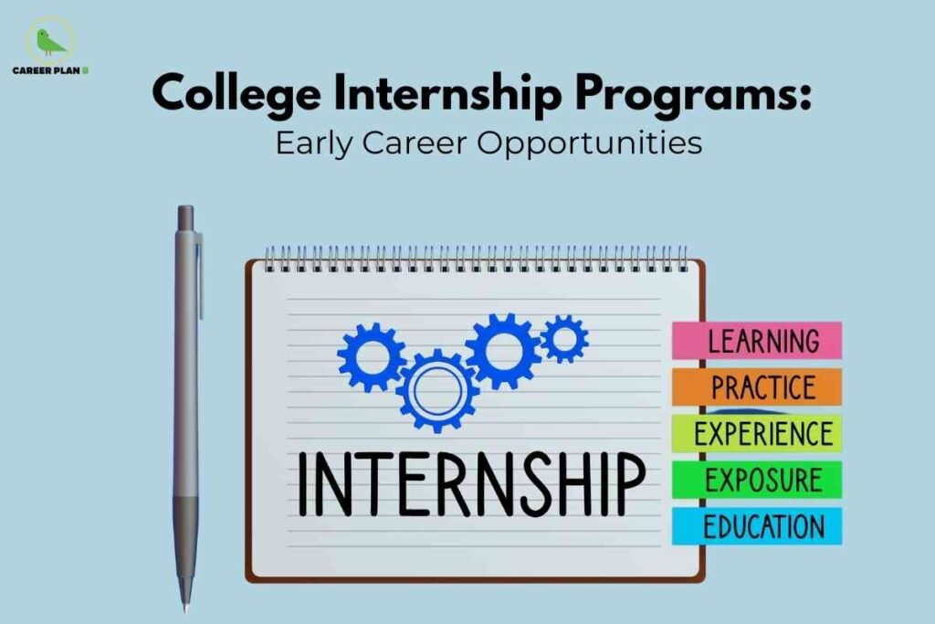 The image is a career-oriented educational graphic promoting **“College Internship Programs: Early Career Opportunities.”** At the top, the title is displayed clearly with *College Internship Programs* in bold black text and the subtitle *Early Career Opportunities* in a lighter font, making it easy to read. The **Career Plan B logo** with its green bird icon appears at the top-left corner, identifying the source. In the center, there is a **spiral notebook** with the word **“INTERNSHIP”** written in bold black letters, accompanied by blue gear icons, symbolizing skill development, industry exposure, and practical learning. A pen is placed on the left side of the notebook, representing education and writing experience. On the right, colorful tabs list the key aspects of internships: **Learning, Practice, Experience, Exposure, and Education.** The overall design is neat and engaging, emphasizing how internships provide students with **early opportunities to apply their knowledge, gain hands-on experience, and prepare for future careers.