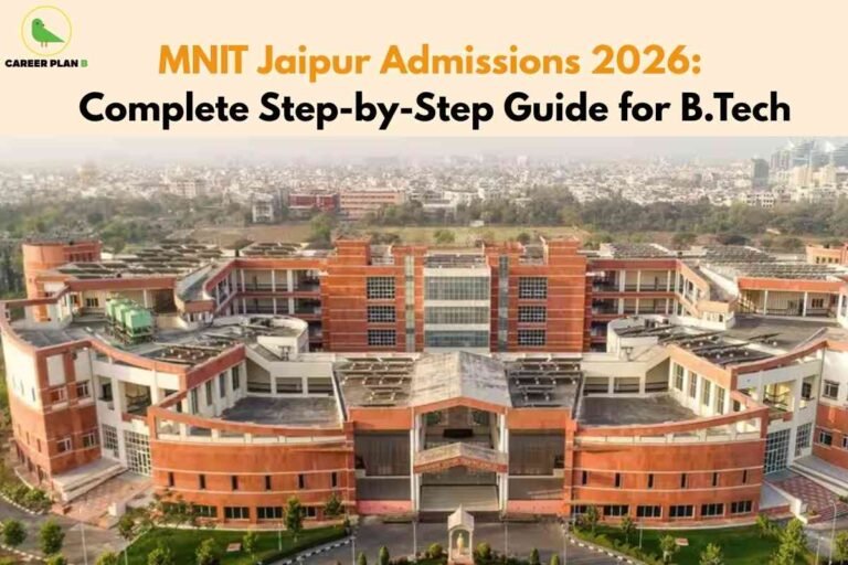 This image highlights MNIT Jaipur Admissions 2026 with the title text: “MNIT Jaipur Admissions 2026: Complete Step-by-Step Guide for B.Tech”. The background showcases the main academic building of Malaviya National Institute of Technology (MNIT) Jaipur, designed in a striking red-and-white architectural style. The aerial view captures the sprawling modern campus, reflecting the scale and infrastructure of the institute. The cityscape in the distance further emphasizes MNIT’s urban location. The Career Plan B logo is positioned at the top left corner, ensuring branding consistency. Overall, the image conveys a professional and academic tone, making it suitable as a visual guide for aspirants preparing for MNIT Jaipur B.Tech admissions in 2026.
