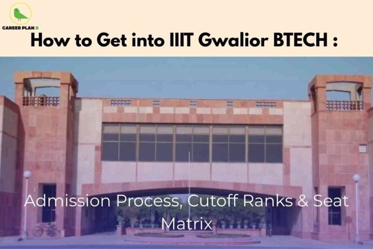 This cover image is designed as a complete admission guide for IIIT Gwalior B.Tech aspirants. The top section features a bold headline, “How to Get into IIIT Gwalior BTECH,” written in black on a beige background to immediately catch attention. Just below, placed over the main building image of IIIT Gwalior, a subtitle in white text reads, “Admission Process, Cutoff Ranks & Seat Matrix,” highlighting the key aspects covered in the guide. The background features a clear view of the institute’s iconic campus building, adding authenticity and visual appeal. The Career Plan B logo is neatly positioned in the top-left corner to maintain branding consistency. Overall, the design effectively presents the content as a reliable step-by-step guide for students preparing to secure admission into IIIT Gwalior.