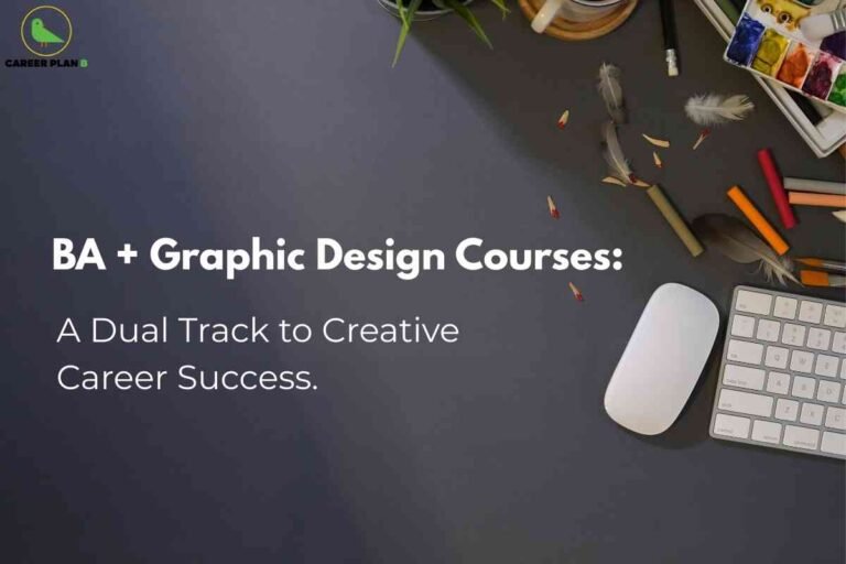 An image presents a creative workspace with art supplies such as colored pencils, watercolor paints, feathers, a cup of coffee, and a white computer mouse and keyboard arranged on a dark surface. On the left side, there is bold text promoting the combination of a Bachelor of Arts degree and graphic design courses as a dual track to creative career success. The "Career Plan B" logo is displayed in the top left corner.