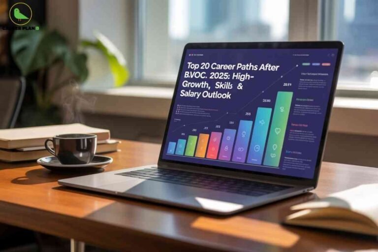 A modern workspace scene featuring a laptop on a wooden desk, open to a screen displaying a colorful bar and line chart. The screen reads "Top 20 Career Paths After B.VOC. 2025: High-Growth, Skills & Salary Outlook" in bold white text, with graphical icons and numerical data illustrating career trends. Beside the laptop are stacked books and a steaming cup of coffee on a saucer. In the background, a window lets in natural light, and a potted green plant adds a fresh touch. The "CAREER PLAN" logo with a green bird appears in the top left corner, highlighting career planning and analysis.