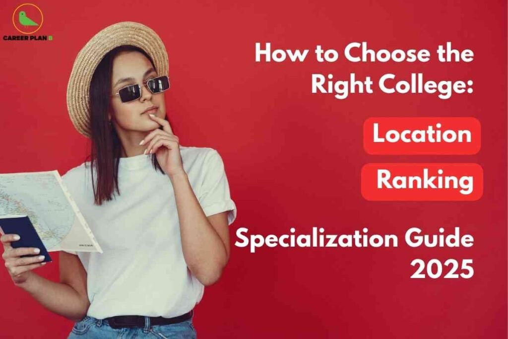 A student stands against a bright red background wearing a straw hat, a plain white t-shirt, and jeans. The student holds an open map and a dark-colored passport, striking a thoughtful pose. On the right side, bold white text reads: "How to Choose the Right College:" followed by two red boxes labeled "Location" and "Ranking." At the bottom, the text continues, "Specialization Guide 2025." The "CAREER PLAN" logo with a green bird is placed at the top left, emphasizing guidance for choosing a college based on important criteria.