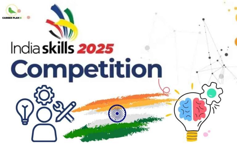 The image showcases the India Skills Competition 2025. At the top, the official logo and text "India skills 2025 Competition" are prominently displayed, with “2025” in bold red. Below the text, the Indian tricolor is depicted as a brushstroke with the Ashoka Chakra, symbolizing national pride and representation. On the left, icons of a light bulb, person, gear, and wrench depict innovation, technical skills, and expertise. On the right, a creative icon combining a brain, light bulb, and gear signifies creative thinking and problem-solving. The visual highlights the key focus areas of the India Skills Competition 2025—fostering practical skills, innovation, and creativity among the nation’s youth, and encouraging their participation in industry-relevant trades and disciplines at a national level. The Career Plan B logo appears at the top left, indicating educational and career guidance relevance.