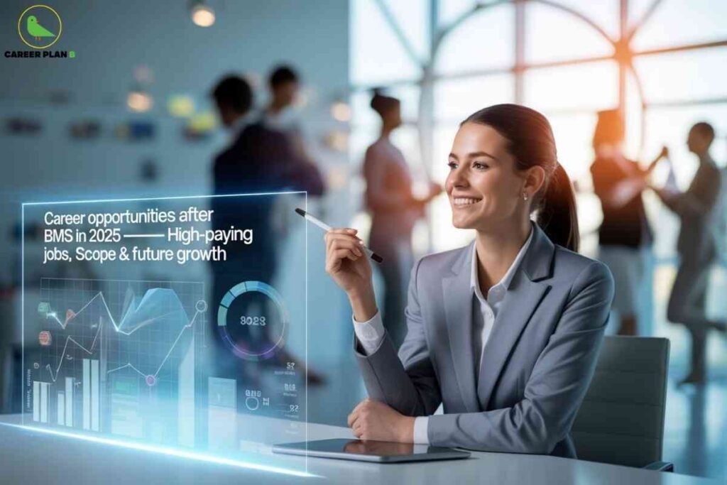 A woman in a business suit sits at a desk in a modern office, looking at digital data charts and graphs on a transparent display, with other professionals talking in the background. The scene highlights career opportunities for Bachelor of Management Studies graduates in 2025, emphasizing high-paying jobs and future growth.