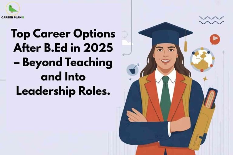 A person in a graduation cap and gown stands confidently with arms crossed and a rolled-up certificate in hand. Educational-themed icons, such as a globe and book, appear in the background. The image represents career opportunities beyond teaching, highlighting leadership roles available after completing a B.Ed in 2025.