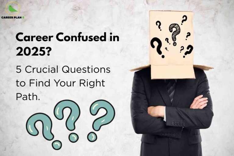 A person in a suit stands with arms crossed and wears a cardboard box over their head, decorated with question marks. The background is neutral, and large question mark icons are shown below. The image expresses uncertainty about career choices and highlights the importance of asking questions to find the right career path in 2025.