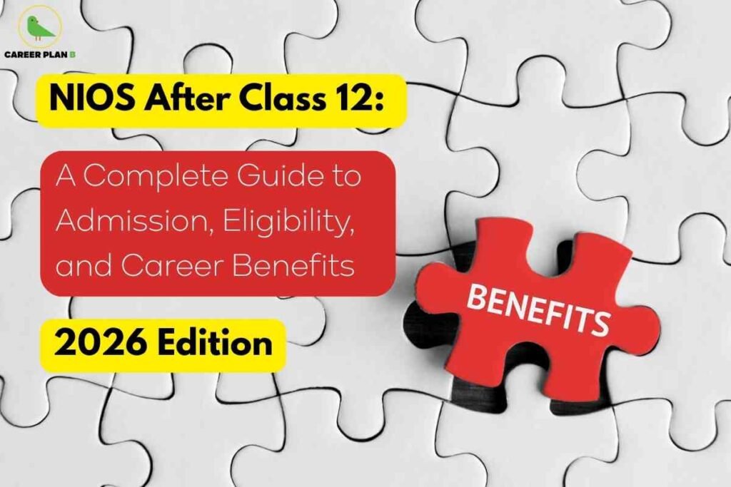 A set of white puzzle pieces forms the background, with a single red puzzle piece labeled "BENEFITS" fitting into place. Prominently displayed text highlights a complete guide to NIOS admission after Class 12, covering eligibility and career advantages for the 2026 edition. The Career Plan B logo featuring a green bird inside a yellow circle is positioned in the top left corner, emphasizing expert educational guidance for students considering NIOS after 12th.