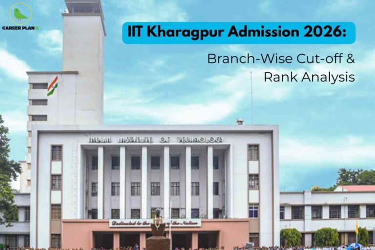 This image highlights **IIT Kharagpur Admission 2026: Branch-Wise Cut-off & Rank Analysis**. The central focus is on the **main building of IIT Kharagpur**, showcasing its iconic white structure with tall pillars, the national flag hoisted on the left tower, and a clear blue sky in the background. At the top right, the bold title emphasizes admission details, while the subtext points to cut-off trends and rank analysis. The **Career Plan B logo** is positioned at the top left, branding the visual. The overall design gives a professional and academic tone, reflecting the importance of admission guidance for aspiring IIT students.