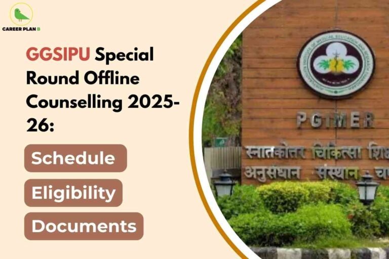 A campus entrance sign with greenery is shown on the right, while clear text on the left highlights information about the GGSIPU Special Round Offline Counselling for 2025-26. The image lists key details like schedule, eligibility, and required documents. The Career Plan B logo featuring a green bird inside a yellow circle appears in the upper left, emphasizing educational guidance for college admission processes.