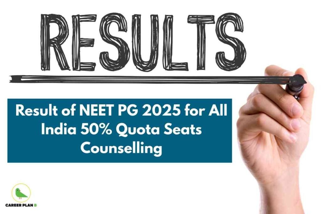 This image announces the result of NEET PG 2025 for All India 50% quota seat counselling. At the top, the word "RESULTS" is displayed prominently in a large, hand-drawn black font, with a black marker line underneath it, being drawn by a right hand holding a black marker, emphasizing the announcement theme. Below the marker line, a bold teal-blue box contains white text that reads: “Result of NEET PG 2025 for All India 50% Quota Seats Counselling,” making the purpose of the image clear and immediate for viewers seeking information on medical postgraduate admission results. In the lower left corner, there is the Career Plan B logo, featuring a stylized green bird inside a yellow circle, with the brand name “CAREER PLAN B” underneath, giving the image an authentic educational guidance context. The overall design uses clear visual hierarchy and color contrast to highlight the importance of the NEET PG results and make the counselling update easily noticeable for students and parents.