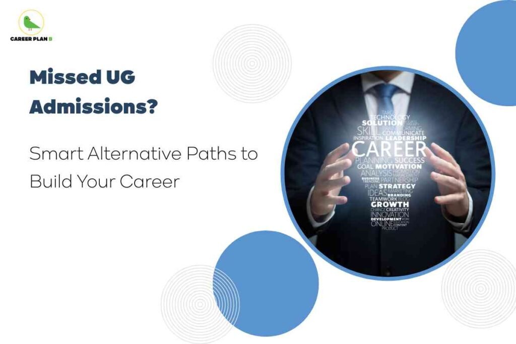 A clear career guidance image for alternative paths after missing UG admissions, featuring bold headline text “Missed UG Admissions? Smart Alternative Paths to Build Your Career,” with a circular photo of a suited professional holding a glowing word cloud shaped like a lightbulb, filled with terms like career, growth, skill, leadership, and innovation, visually emphasizing creative strategies and alternate opportunities for career building beyond traditional undergraduate admissions.