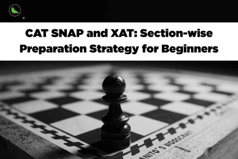 A black and white chess piece (pawn) positioned on a chessboard represents strategic thinking and careful preparation. The image emphasizes the importance of tactical planning in competitive exams. At the top, large black text reads "CAT SNAP and XAT: Section-wise Preparation Strategy for Beginners" against a white background. The Career Plan B logo appears in the top left corner on a black bar.