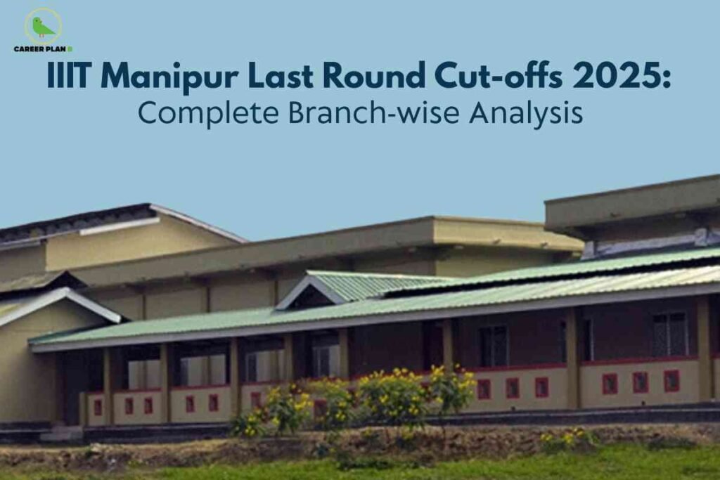 The image showcases the main building of IIIT Manipur, featuring a single-storey structure with beige walls and green sloped roofs, along with visible windows and pillars. In front of the building, there is a small garden with flowering plants and greenery. The background is a solid blue color, creating a clean and simple backdrop. In the top left corner, there is a green bird logo labeled “CAREER PLAN B.” The upper section contains large dark blue text: “IIIT Manipur Last Round Cut-offs 2025: Complete Branch-wise Analysis.” The image is designed to highlight information about the last round cutoff rankings for IIIT Manipur admissions in 2025, organized by branch.