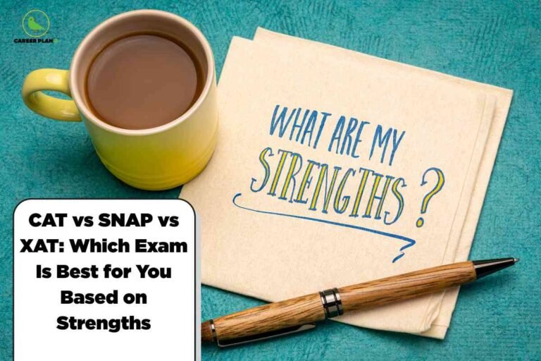 Yellow ceramic coffee mug filled with dark beverage on turquoise textured surface next to handwritten note asking what are my strengths with wooden ballpoint pen comparing CAT vs SNAP vs XAT which exam is best for you based on strengths with Career Plan B logo in corner