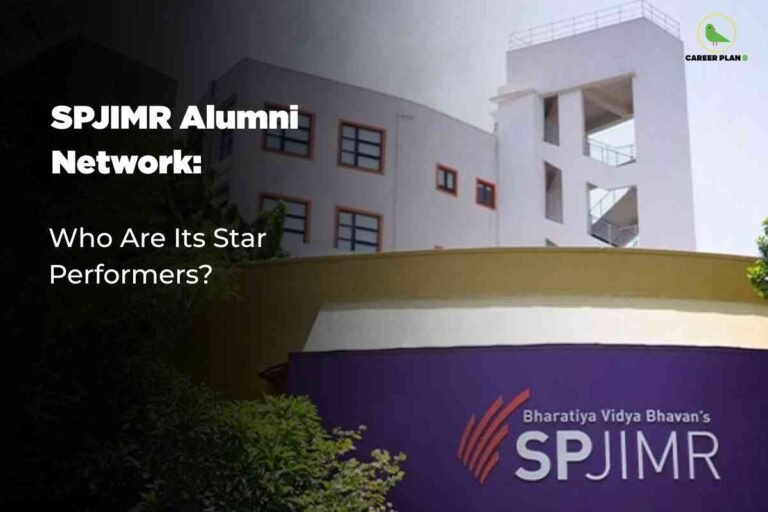 Modern white SPJIMR building with rectangular windows and architectural details surrounded by lush green landscaping featuring purple signage with Bharatiya Vidya Bhavan SPJIMR alumni network logo asking who are its star performers with Career Plan B branding in corner