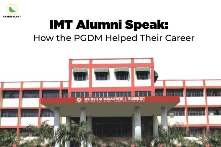 White and red brick Institute of Management and Technology building with colonial architecture featuring columns and palm trees displaying IMT alumni experiences about how PGDM helped their career development with Career Plan B logo and NBA accredited institute signage