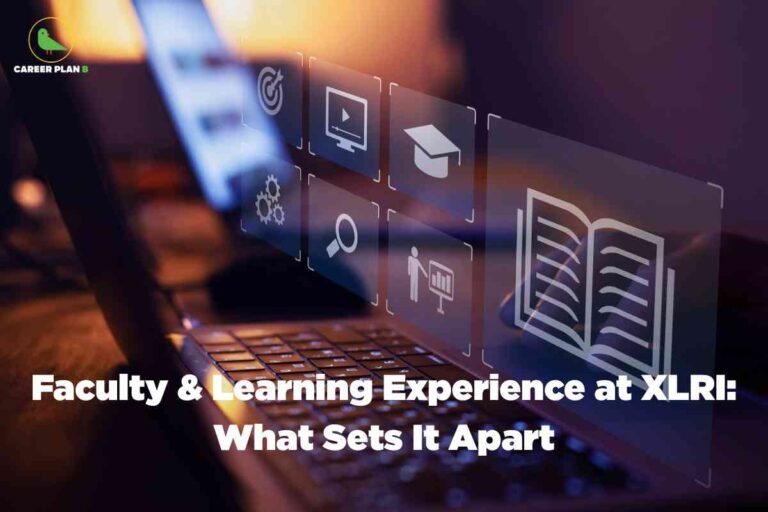 Laptop keyboard with holographic digital icons floating above including monitor graduation cap magnifying glass open book and business presentation symbols showcasing XLRI faculty teaching methodology and learning experience what sets it apart with Career Plan B logo and warm blurred background