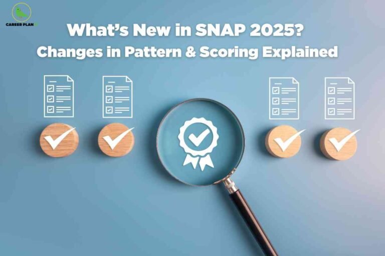 Blue gradient background with magnifying glass focusing on white checkmark badge surrounded by document icons and wooden checkmark circles explaining whats new in SNAP 2025 changes in pattern and scoring with Career Plan B logo in corner