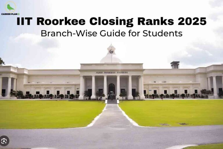 A prominent campus information image for IIT Roorkee Closing Ranks 2025, featuring the iconic white-pillared main building with a broad green lawn in the foreground under a partly cloudy sky, and bold black text stating “IIT Roorkee Closing Ranks 2025 Branch-Wise Guide for Students,” visually emphasizing essential details on branch-wise closing ranks and admissions guidance for students seeking entry in 2025.