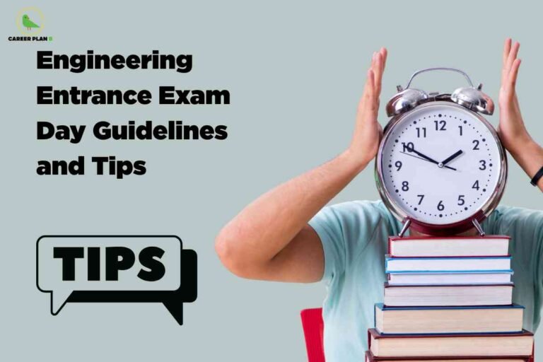 A student sits behind a tall stack of books, holding a large alarm clock in front of their face with both hands. On the left, bold black text reads "Engineering Entrance Exam Day Guidelines and Tips," with a speech bubble below containing the word "TIPS." The scene uses a muted grey background and the Career Plan B logo appears at the top left, visually conveying the importance of time management and preparation on exam day.