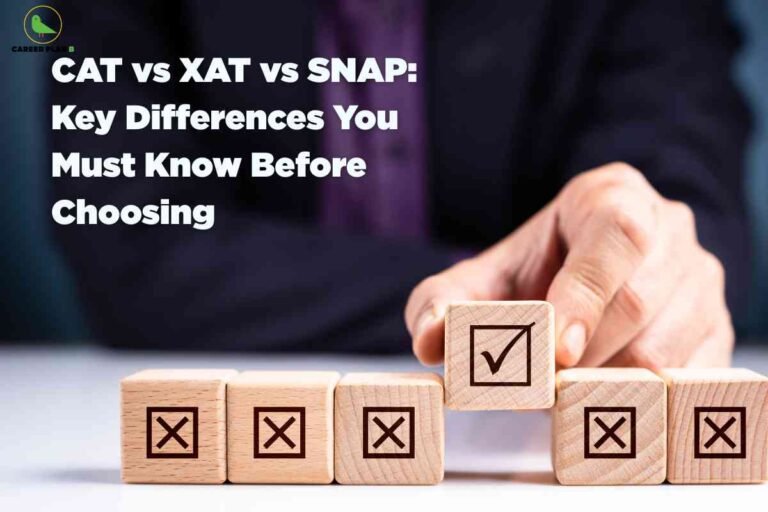 Human hand selecting wooden block with checkmark from row of crossed-out blocks against dark purple background illustrating CAT XAT SNAP key differences you must know before choosing with Career Plan B logo in corner