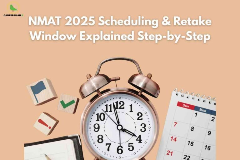 Copper-colored alarm clock with traditional twin bells showing time near 12 oclock surrounded by floating wooden blocks calendar and flags on warm peach background explaining NMAT 2025 scheduling process and retake window step-by-step with Career Plan B logo