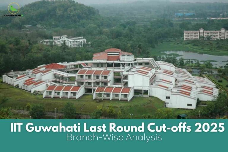 This image presents an aerial view of the IIT Guwahati campus set amidst lush, green surroundings, with a hilly forested area in the background and a water body to the side. The focus is on a large, white multi-winged academic building, distinguished by its red-tiled roofs and angular, modern architecture, sprawling across the landscape. In the distant background are additional buildings, trees, and open land, highlighting the campus’s expansive and scenic natural setting. At the top left, the "Career Plan" logo is visible, showing a green bird icon and branded text. Overlaid at the bottom of the image is a contrasting teal banner with bold, white text displaying "IIT Guwahati Last Round Cut-offs 2025" and "Branch-Wise Analysis". The visual conveys a professional, informative theme around admission cut-off analysis for IIT Guwahati in 2025.